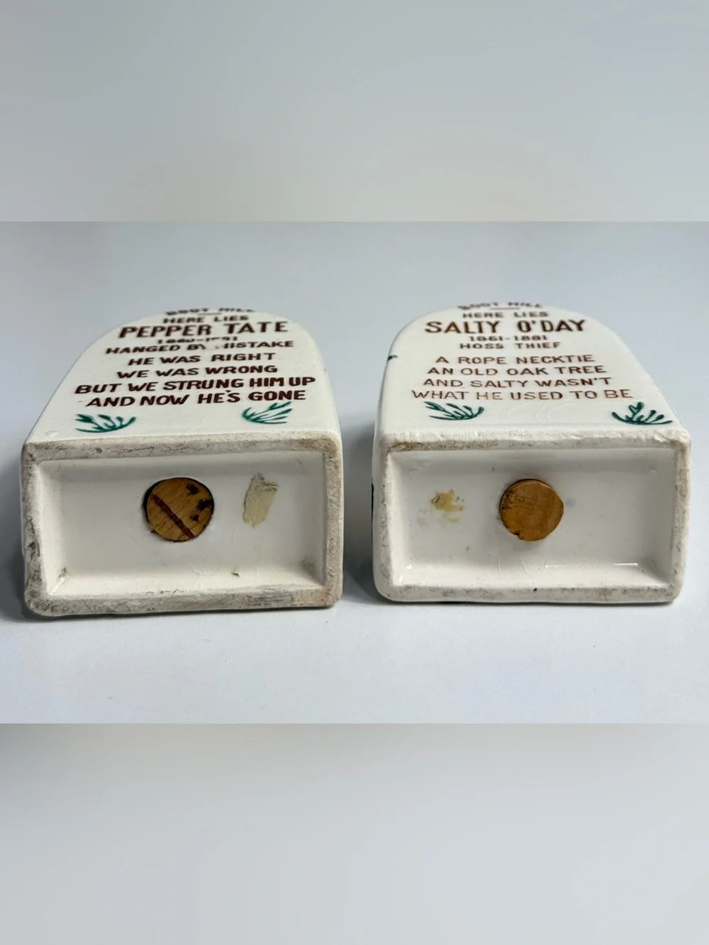 Vintage Tombstone Salt and Pepper Shakers - White, Brown with Green Accents